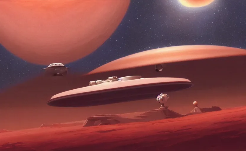 Prompt: a star trek ship in front of a red planet, a detailed matte painting by ralph mcquarrie, featured on cgsociety, space art, reimagined by industrial light and magic, concept art, sci - fi