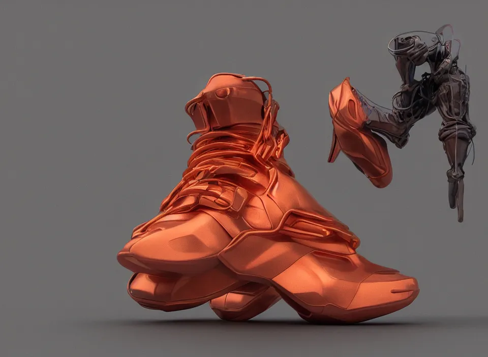 Prompt: realistic 8 k sculpture of 1 futuristic sneaker with neon illuminated rubber soles and soft orange laces on a grey surface, clean 3 d render, beautiful studio lighting, soft, sharp focus, cyberpunk, intricate detail, gold and red accents, soft rubber, octane render, trending on artstation, deviantart, art by syd mead