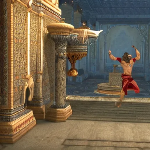 Prompt: a screenshot from prince of persia where the prince is doing a dance