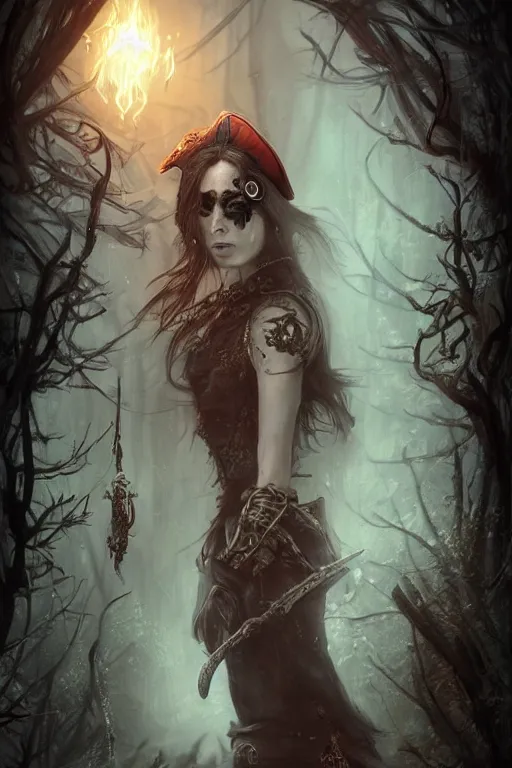 Prompt: portrait of a 30 year old female as a pirate wizard with an eye patch in sinister deep dark forest ambience, in style of dark fantasy art, in style of Midjourney, stylized, detailed and intricate, mandelbulber fractal, elegant, ornate, horror, elite, ominous, haunting, beautiful digital painting, cinematic, cgsociety, H.R. Giger, Zdizslaw Beksinski, James jean, Noah Bradley, Darius Zawadzki, vivid chromatic colors and vibrant outlines