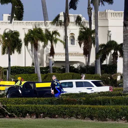 Prompt: mar-a-lago being raided by fbi agents in windbreakers, high detail, dark