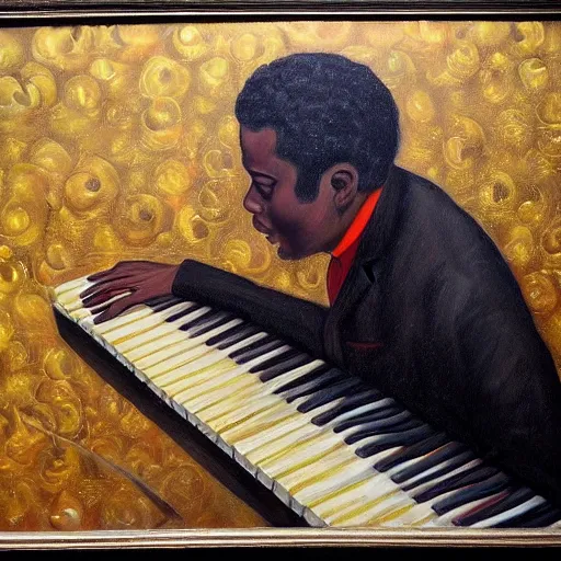 Prompt: painting of a black man playing piano by Michael Cheval