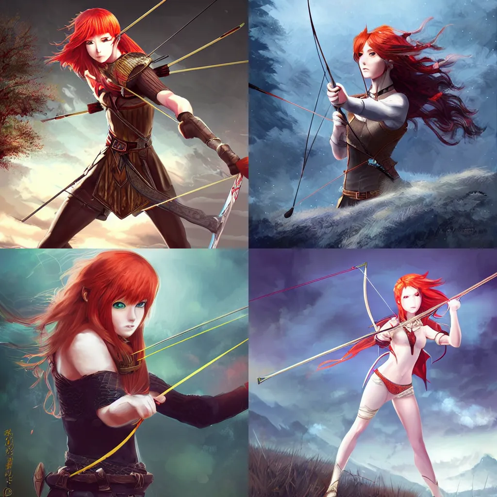 Prompt: A redheaded female archer with crystalline armor, pulling her bow and aiming at her target, standing at the top of a hill. Dark fantasy anime, digital painting by WLOP.