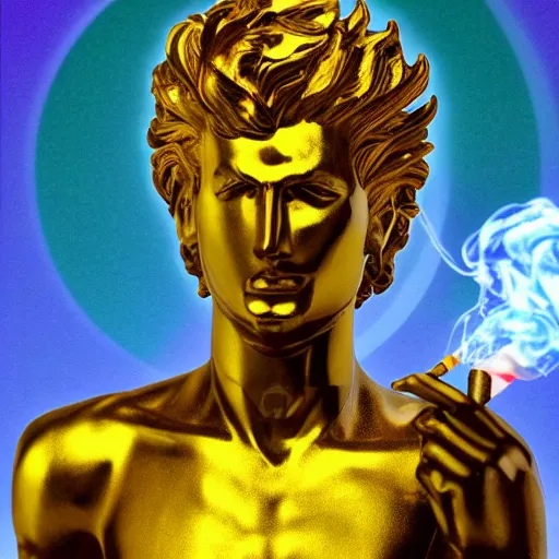 Image similar to the statue of helios in a business suit smoking a cigarette in space, vaporwave, chromatic abberation, highly detailed