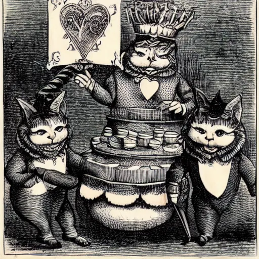 Prompt: cheshire cat eating queen of hearts, leading cat rebellion in wonderland, detailed, by John Tenniel