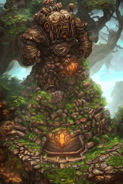 Image similar to zelda fantasy art giant golem troll wood rock greeble gemstone, global illumination ray tracing hdr fanart arstation by sung choi and eric pfeiffer and gabriel garza and casper konefal