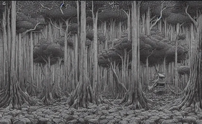 Image similar to giant forest with single wooden cabin, made by Kawase Hasui in unkiyo-e style in disturbing and gloomy atmosphere in Junji Ito style with vibes of Joe Fenton, H. R. Giger, M. C. Escher, Z. Beksinski