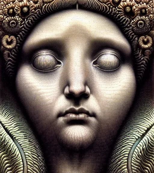 Image similar to detailed realistic beautiful limpet goddess face portrait by jean delville, gustave dore, iris van herpen and marco mazzoni, art forms of nature by ernst haeckel, art nouveau, symbolist, visionary, gothic, neo - gothic, pre - raphaelite, fractal lace, intricate alien botanicals, ai biodiversity, surreality, hyperdetailed ultrasharp octane render