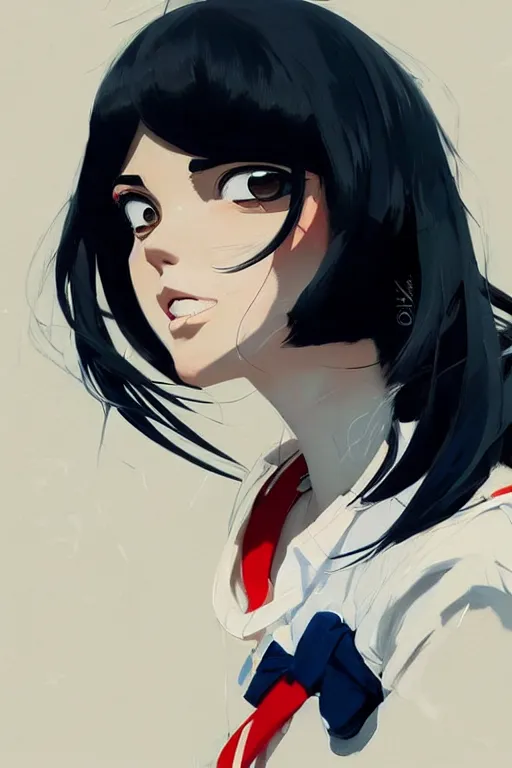 Image similar to a ultradetailed beautiful panting of a stylish woman wearing a sailor uniform, she has black hair, by conrad roset, greg rutkowski and makoto shinkai, trending on artstation