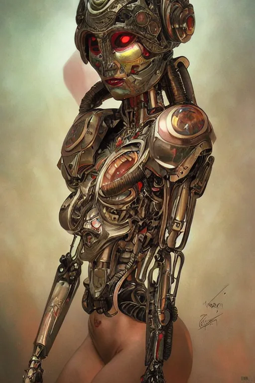 Image similar to An Alien Robot concubine, facial tattoos, artists portrait, biomechanical, oppai, fantasy, highly detailed, photograph, concept art, sharp focus, depth of field blur, illustration, art by artgerm and greg rutkowski and alphonse mucha and trevor brown