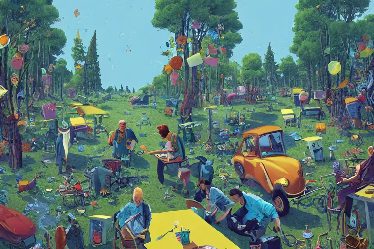 Prompt: a bachelors party, summer morning, very coherent and colorful high contrast, art by gediminas pranckevicius, geof darrow, dark shadows, hard lighting