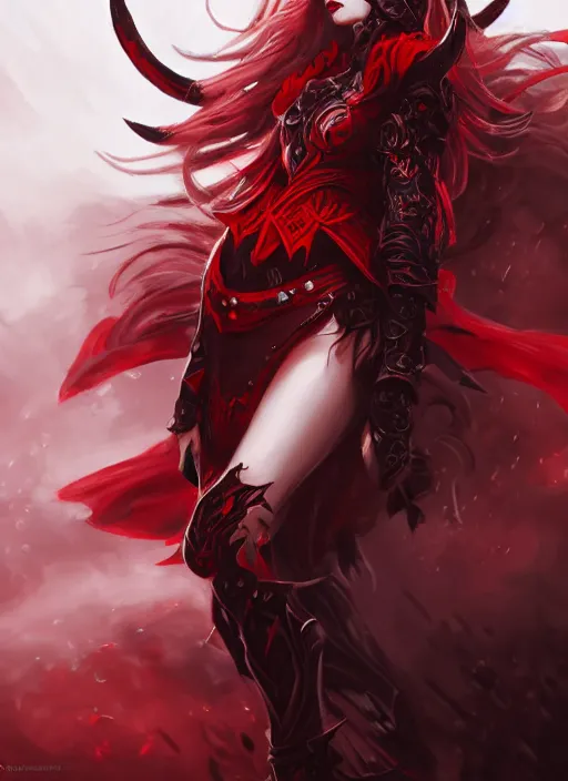 Image similar to a highly detailed illustration of fierce beautiful long white haired horned demon woman wearing red and black battle dress, dramatic imposing pose, intricate, elegant, highly detailed, centered, digital painting, artstation, concept art, smooth, sharp focus, league of legends concept art, wlop.