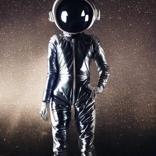 Image similar to 1 9 8 0 s sci - fi portrait photo, a woman wearing a dramatic silver foil and rubber hose spacesuit costume standing on a dark and mysterious alien planet, atmospheric fog, light beams, 4 k