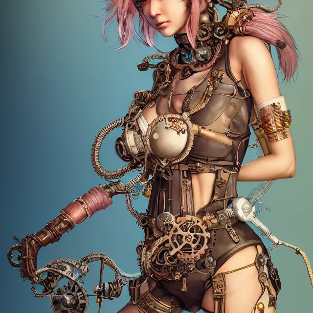 Image similar to the portrait of true neutral semi - colorful female steampunk cyborg mechanist as absurdly beautiful, gorgeous, elegant, young swimsuit model, an ultrafine hyperdetailed illustration by kim jung gi, irakli nadar, intricate linework, bright colors, octopath traveler, final fantasy, unreal engine 5 highly rendered, global illumination, radiant light, detailed and intricate environment