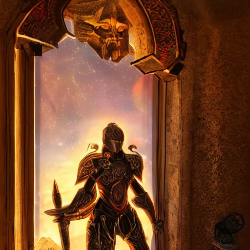 Prompt: evil knight, glowing halo, fantasy art, red intricate armor, located in a castle, morning sunlight through the window, decorated, high quality, highly detailed, 4 k