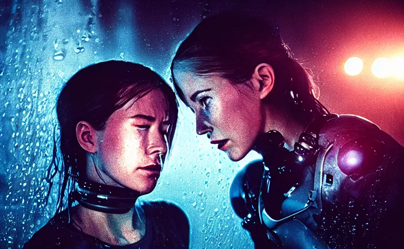 Image similar to cinestill 5 0 d candid photographic portrait by steven spielberg of two loving female androids sobbing wearing rugged black mesh techwear in treacherous waters, flooded city, medium closeup, retrofuturism cyberpunk moody emotional cinematic, pouring iridescent rain bright spotlight helicopter, 8 k, hd, high resolution, 3 5 mm, f / 3 2, ultra realistic faces, ex machina