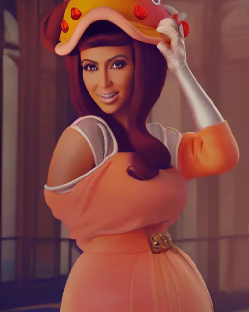 Prompt: film still of kim kardashian as princess peach in mario, vibrant high contrast, octane, arney freytag, cinematic, glamorous, backlit, rim lighting, 8k