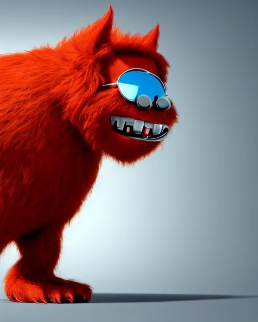 Image similar to 3 d render of completely red hairy friendly antropomorphic robust creature wearing chrome shades, without nose, full body, in the style of pixar, white background, unreal engine 5, octane render, highly detailed hdr