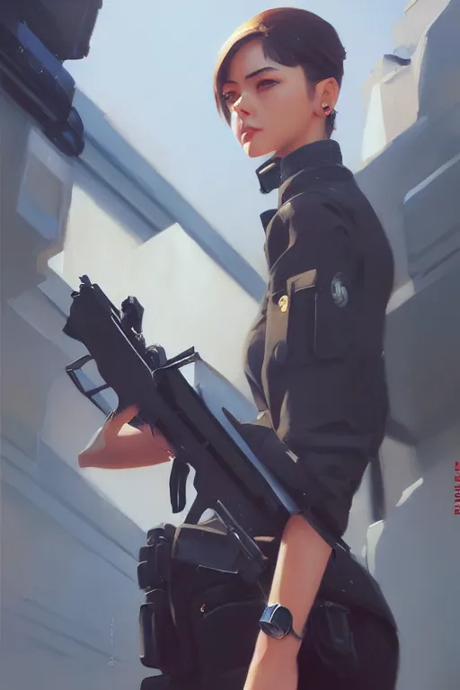 Image similar to a ultradetailed beautiful panting of a stylish swat woman, oil painting, by ilya kuvshinov, greg rutkowski and makoto shinkai, trending on artstation