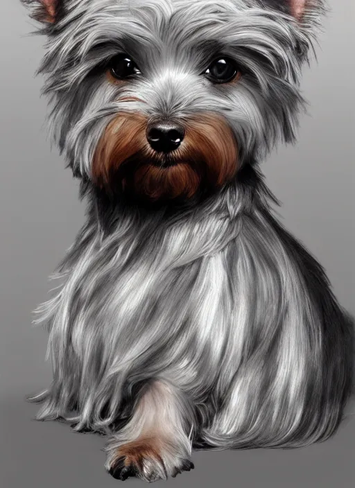 Prompt: A beautiful portrait of grey puppy yorkshire terrier, digital art by Eugene de Blaas and Ross Tran, vibrant color scheme, highly detailed, in the style of romanticism, cinematic, artstation, Greg rutkowski