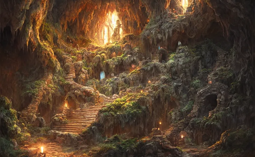 Image similar to a cave entryway in a root covered cliffside, hewn stairs, torches deep inside, fantasy digital painting, stunning intricate details, artwork by ross tran and greg rutkowski