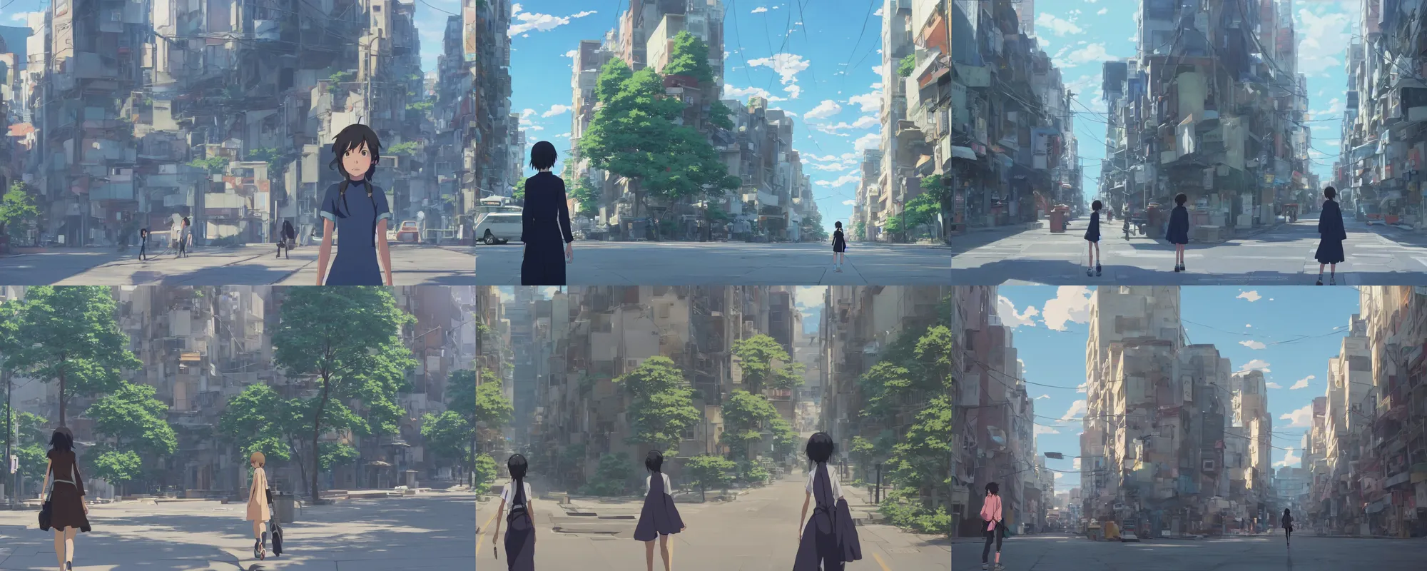 Prompt: A screenshot of the girl on the a quiet city street in the scene in the Makoto Shinkai anime film Kimi no na wa, pretty rim highlights and specular