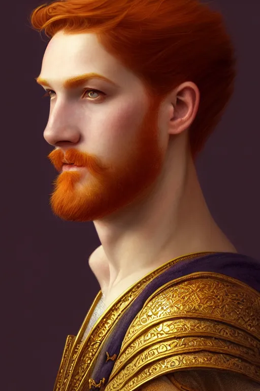 Image similar to a portrait of a ginger male prince, side profile, illustration, soft lighting, soft details, dark mood, painting oil on canvas by Edmund Blair Leighton and Charlie Bowater octane render trending on artstation d&d characters, 4k, 8k, HD