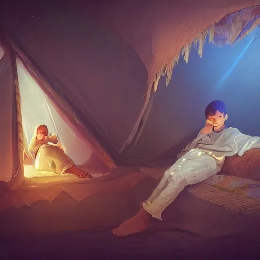 Prompt: 12 year old middle eastern skinned boy with short hair and Biblical clothing sleeping. Interior of ancient tent. Nightime. Light rays shine onto his body. Miraculous. Spiritual. dramatic angle, 8k hdr pixiv dslr photo by Makoto Shinkai and Wojtek Fus