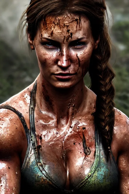 Prompt: candid action photographic portrait muscular sweat lara croft, covers with mud exhausted face close up, highly detailed, moody emotional cinematic, pouring iridescent rain, 8 k, hd, high resolution, ultra realistic faces 8 k