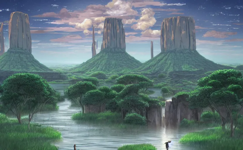 Image similar to a realistic cell - shaded studio ghibli concept art from paprika ( 2 0 0 6 ) of a pack of wildebeest and a multi - colored cube from close encounters of the third kind ( 1 9 7 7 ) in a flooded monument valley stonehenge jungle with giant trees on a misty starry night. very dull colors, portal, hd, 4 k, hq