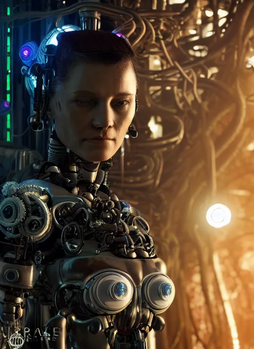 Prompt: 35mm portrait of a sophisticated intricate terminator woman's head on the background of a weird magical mechanical forest. Round gears visible inside her hear. Very detailed 8k. Fantasy cyberpunk horror. Sharp. Unreal 5 render with nanite, global illumination and path tracing.