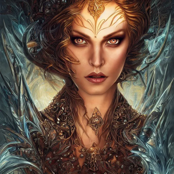 Prompt: a highly detailed symmetrical painting of a sorceress with piercing beautiful eyes, dark tomb setting, dynamic lighting, ambient lighting, deviantart, art by artgerm and karol bak and mark brooks