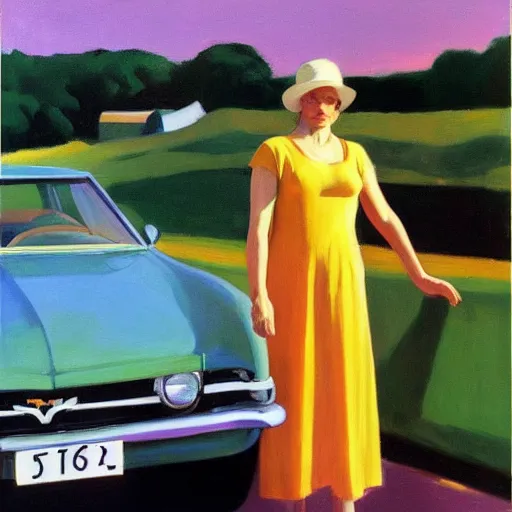 Image similar to Portrait with car, dated a woman that lived on Cooterneck Road, She had a catfish Camero and was cooler than me, by Edward Hopper and Bo Bartlett