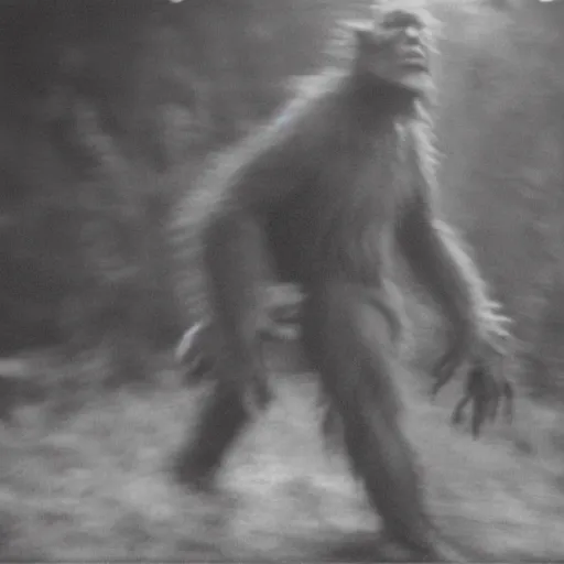 Image similar to footage of a sasquatch caught on a wildcamera, black and white, blurry footage, wild camera, night