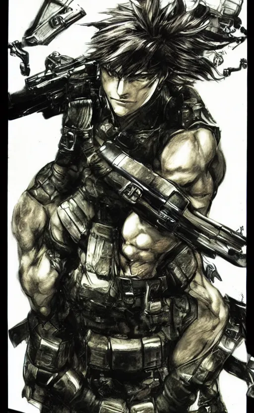 Prompt: solid snake by yoshitaka amano, final fantasy metal gear cover art, concept art