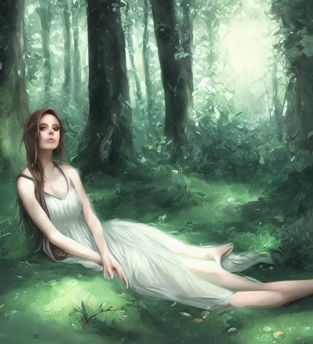 Image similar to girl lying in forest, art by charlie bowater