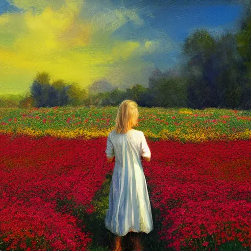 Image similar to woman standing in flower field, mattepainting, artstation, impressionism, big flower on shoulders