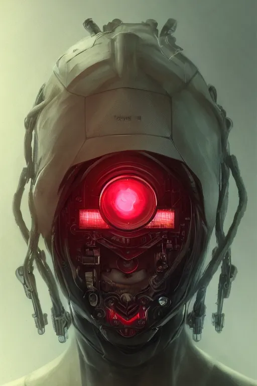 Image similar to head and shoulders render of man cyberpunk face ((glowing_red_eyes red emissives!)) android face inhuman creepy intimidating, exposed wiring bundle. detailed Tom Bagshaw and Greg Rutkowski and Alphonse Mucha Bladerunner 2049 artstation trending 165mm