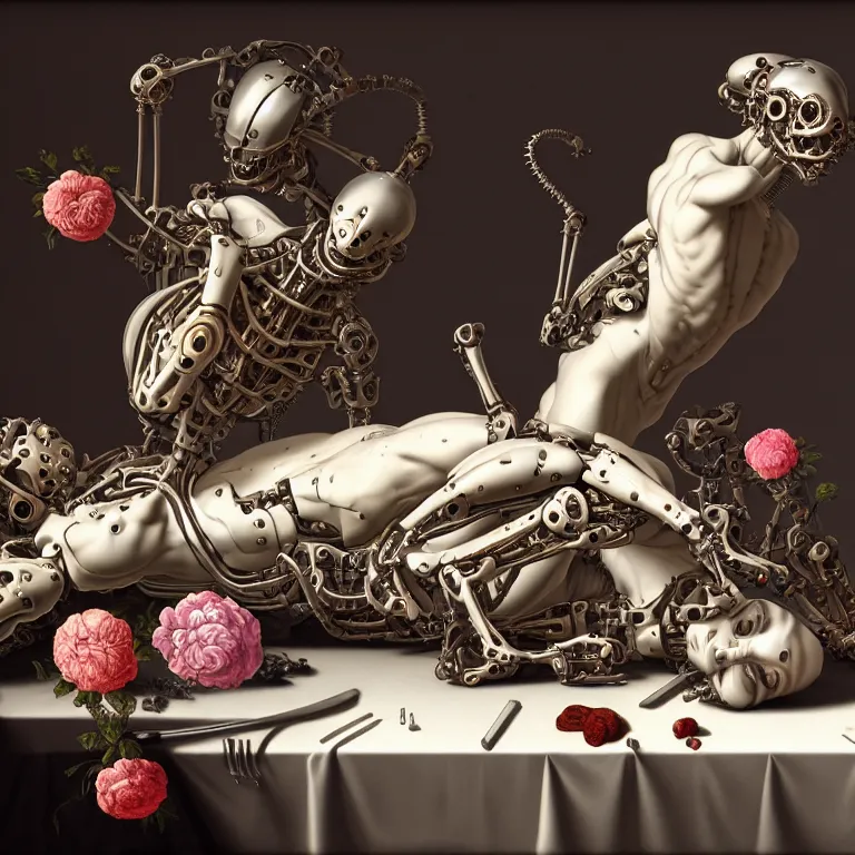 Image similar to still life of two biomechanical cyborg male lovers laying on a table, pastel flowers on a table, surreal alien ribbed pastel fruit, white human spine, baroque painting, beautiful detailed intricate insanely detailed octane render trending on Artstation, 8K artistic photography, photorealistic, chiaroscuro, Raphael, Caravaggio