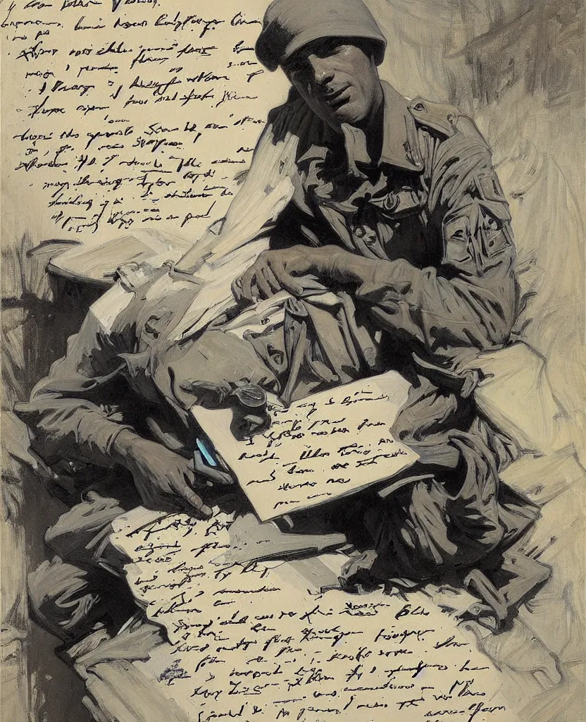 Image similar to a painting of lots of words in a hand written letter by a soldier in el alamein battle, wwii, black and white, jeremy mann, alphonse mucha