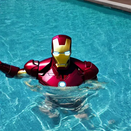 Prompt: iron man suit floating in pool, 4k realistic photo