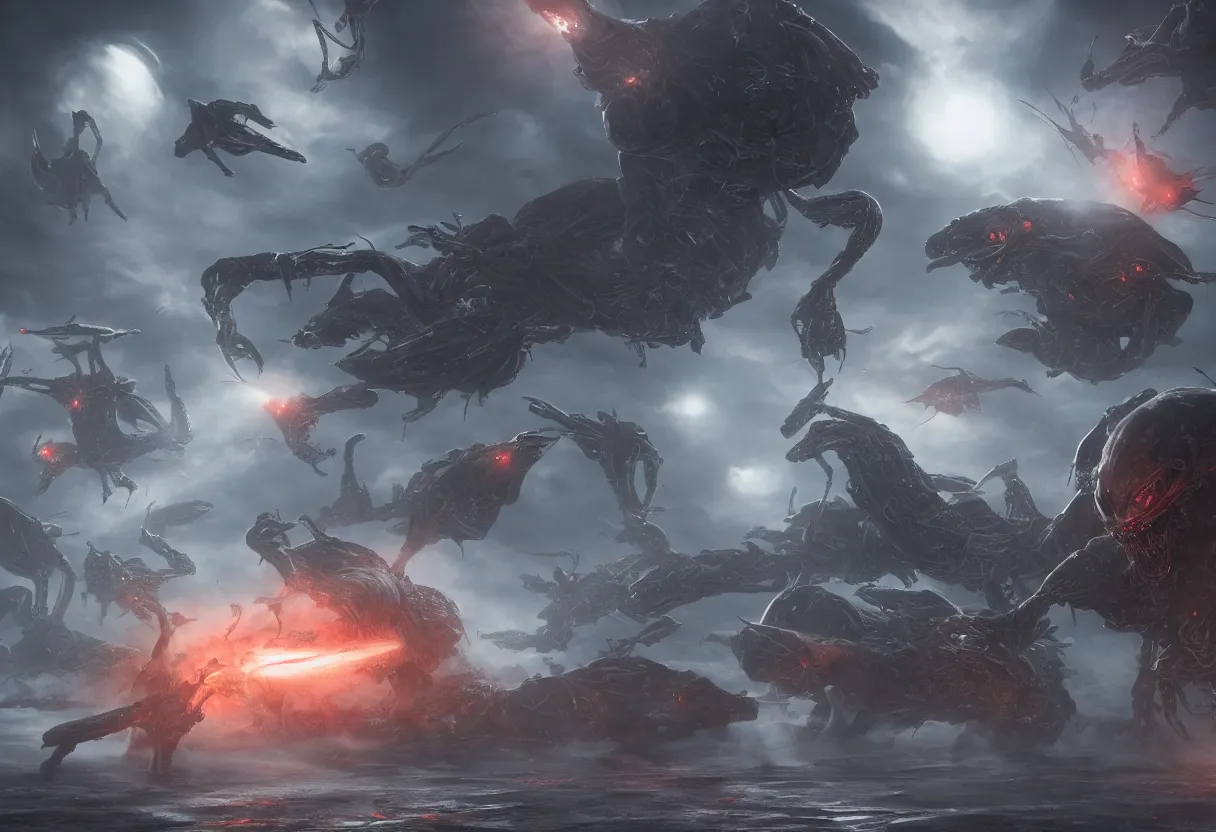 Prompt: eerie and demonic alien race invade, ominous space battle background, hyper realism, realistic, dramatic lighting, octane render, highly detailed, cinematic lighting, cinematic, art by wes benscoter