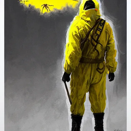 Image similar to a painting of a man in a yellow bio hazard suit holding a bucket and looking at godzilla sized spider, poster art by jakub rozalski, trending on artstation, nuclear art, apocalypse art, dystopian art, poster art