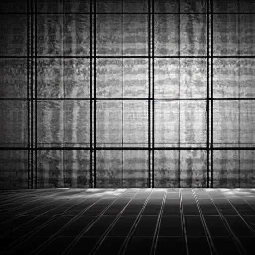 Prompt: inside of blank dark without light endless cube with black walls and white neon contours. Realistic Concept Art photography