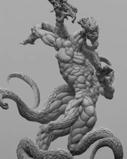 Image similar to an old marble statue of a hydra from herculean myths, hyper realistic, 4 k, grainy marble, hyper detailed