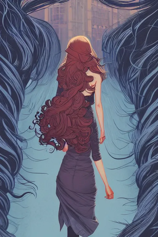 Prompt: concept art design illustration, teen girl walking away alone street flowing hair, sad, fantasy book cover, young adult book cover style, illustration!!, 4 colors, logo, ink drawing, art by jc leyendecker and sachin teng