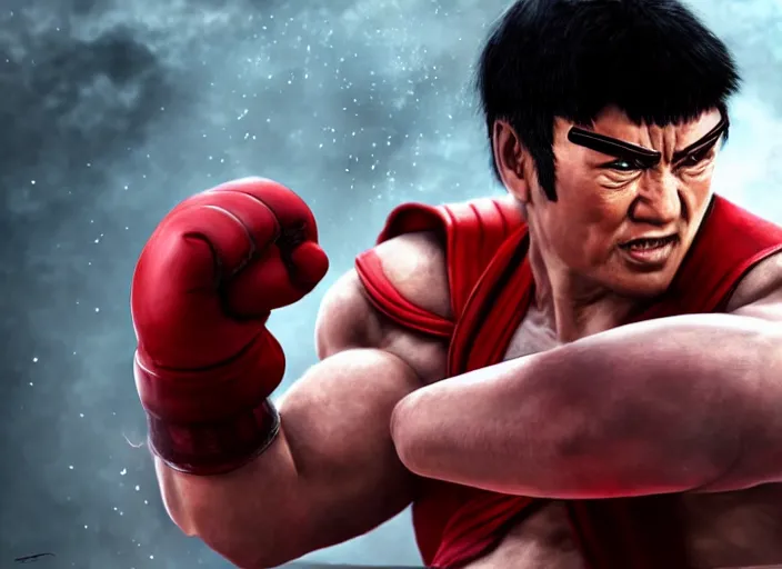 Image similar to action shot of ken barlow as ryu from Street fighter, ultra realistic, detailed, cinematic, concept art, digital art,