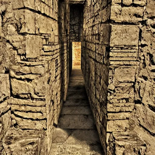 Prompt: a minoan labyrinth with narrow passages, shadowy light illuminates the corridors from the depth, a trap hides pointed sharp iron spikes, the shadow of a minotaur stretches on a wall, highly detailed, digital art, wide shot