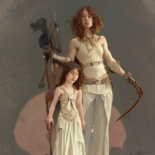 Image similar to a full body portrait of a beautiful girl warrior and her daughter, intricate, elegant, highly detailed, digital painting, artstation, concept art, smooth, sharp focus, illustration, art by krenz cushart and artem demura and alphonse mucha