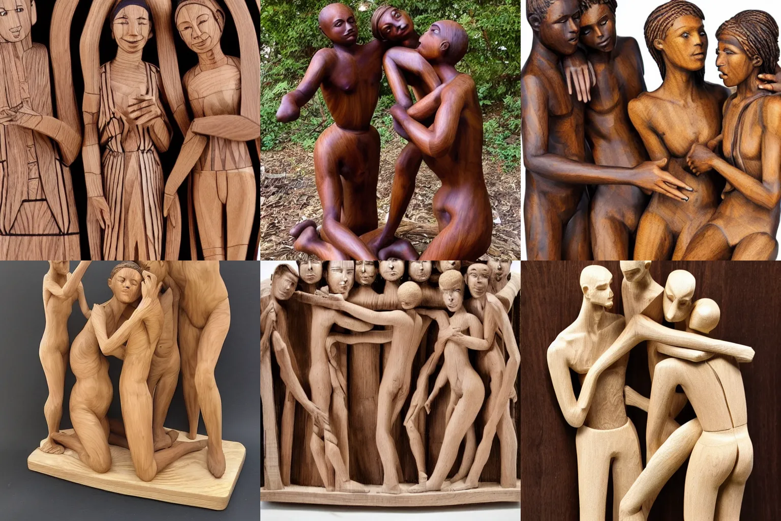 Prompt: intricate wood sculpture of beautiful androgynous polyamorous racially diverse people caressing